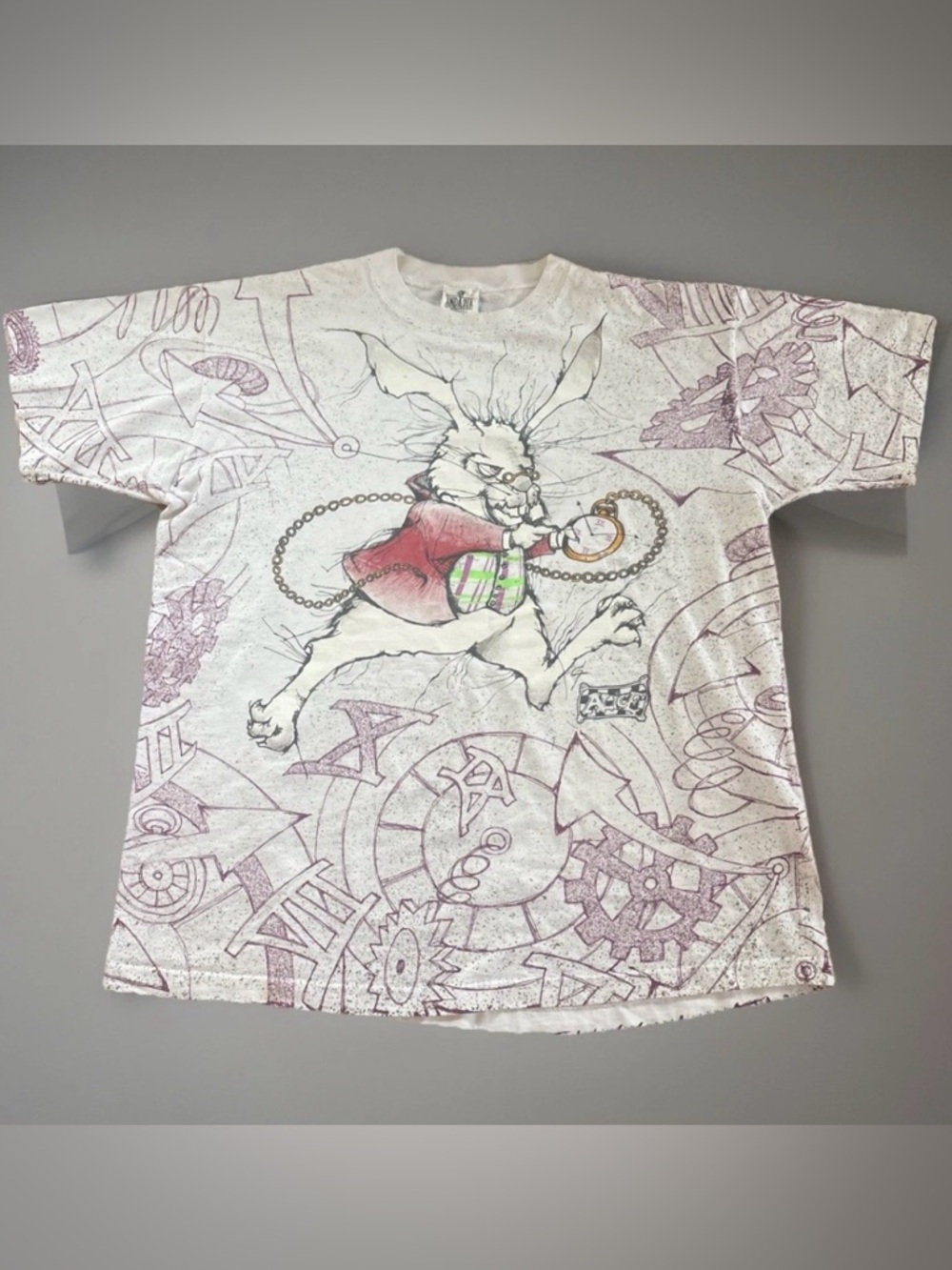 Vnt 90s Andazia Int "I'm Late"  T-shirt White Rabbit Alice in Wonderland XL AOP